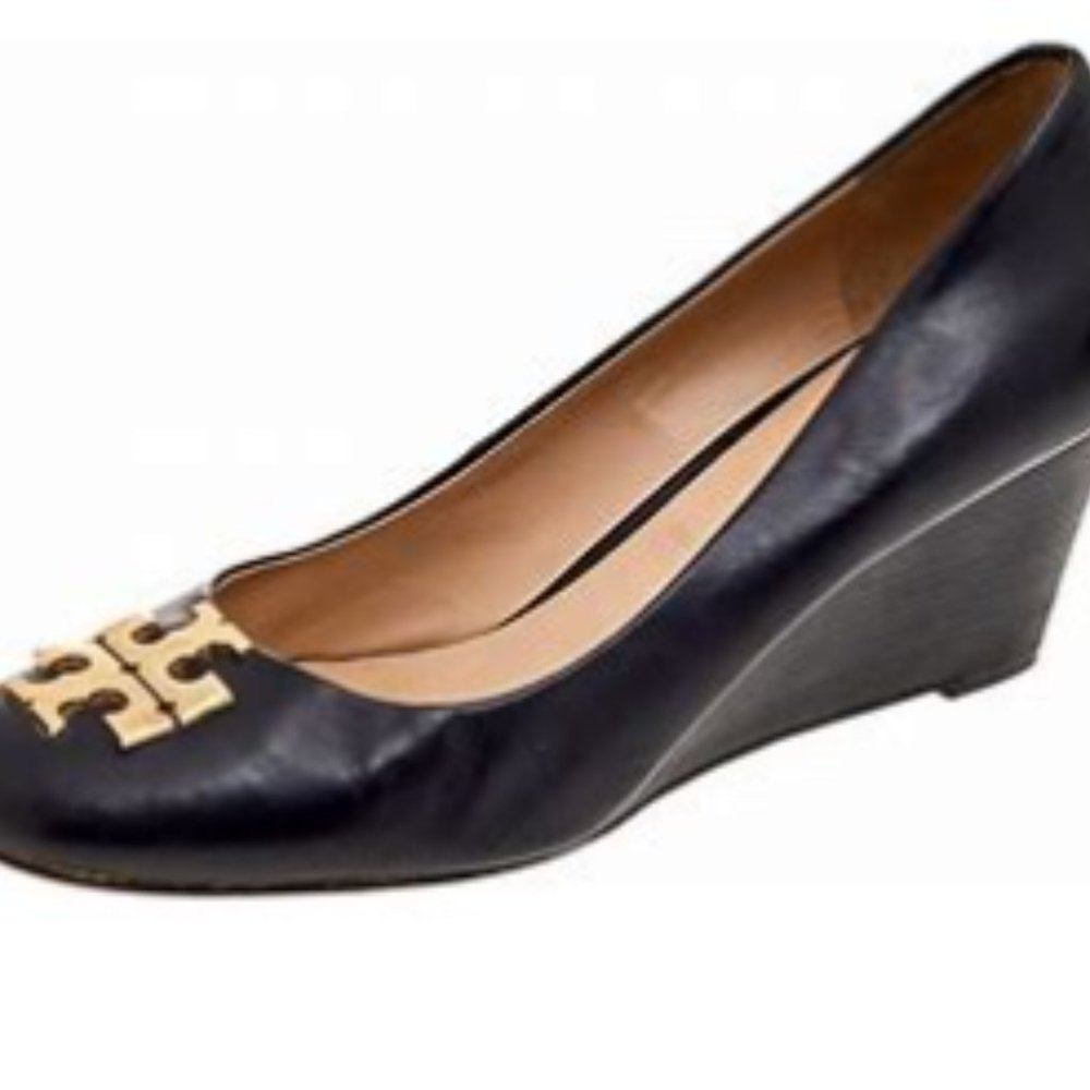 Tory Burch Leather Wedge Pumps Black Size 8 M New